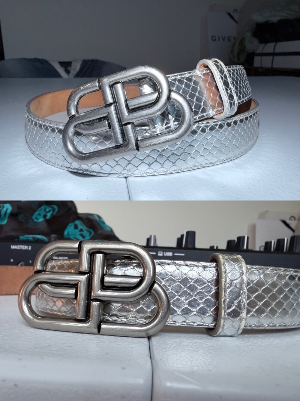 Balenciaga Silver Snake-Embossed Leather Belt with BB Buckle